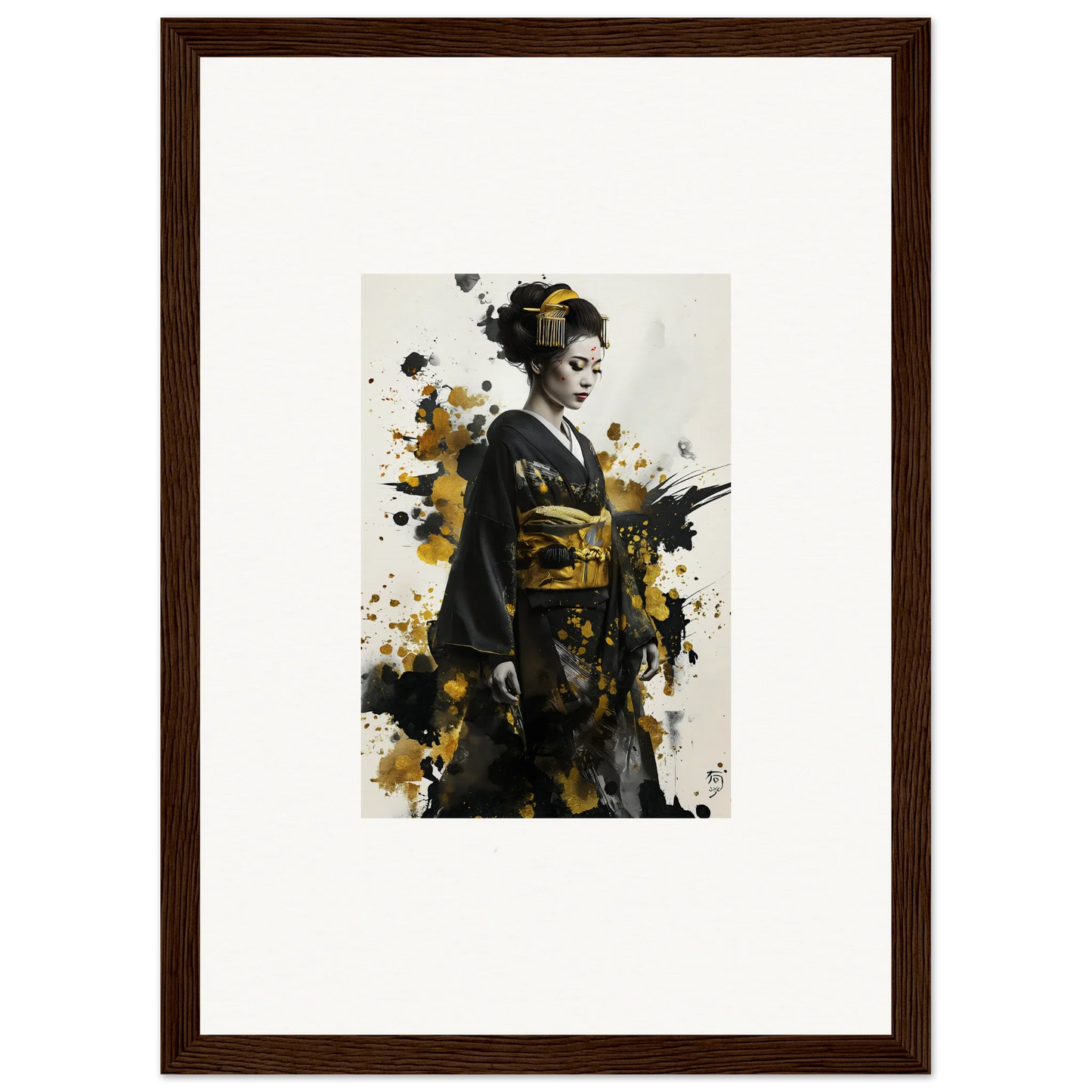 Artistic portrait of a Geisha in a kimono with gold splatter for a special edition art™ piece