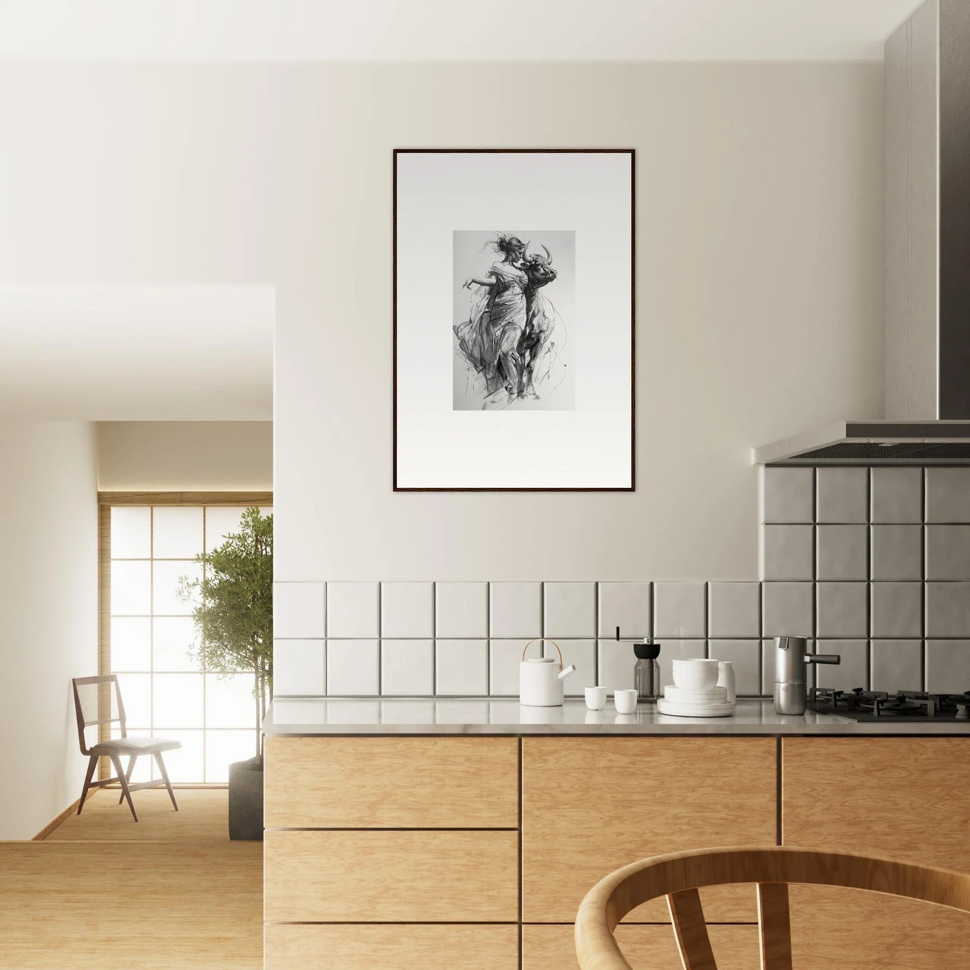 Modern kitchen with light wood cabinets and white tile, featuring Forest Flame Dance art