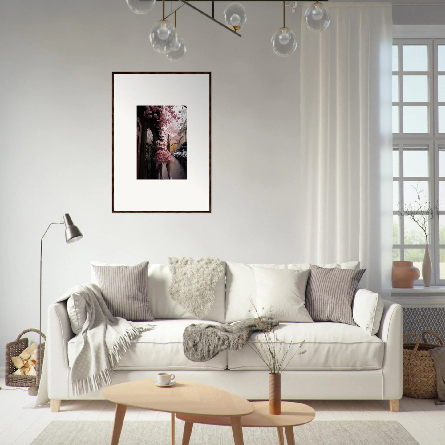 White sofa with gray and cream pillows, perfect for the Petal Eccentricity Revealed vibe