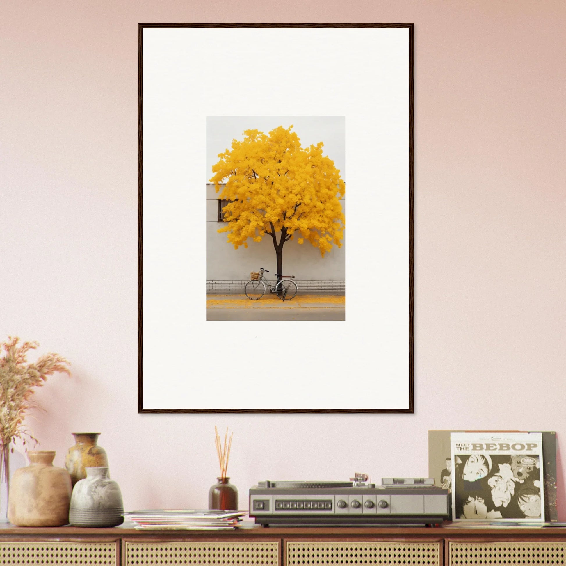 Framed wall art featuring a yellow autumn tree and bicycle in Lemonade Gaze Reverie