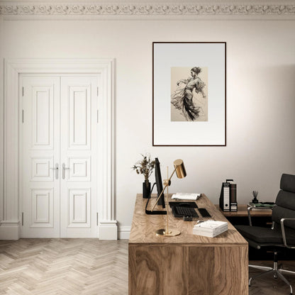 Wooden desk with a vintage typewriter and office accessories from Whirling Midnight Form