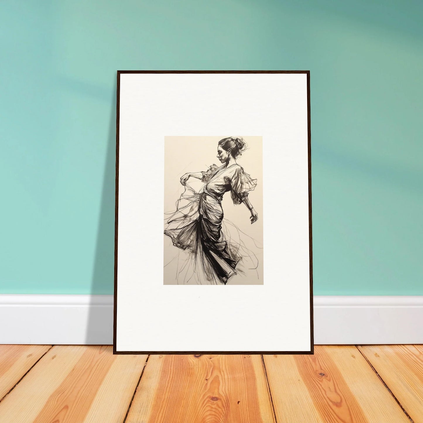 Framed black and white sketch of a woman in motion from Ephemeral Ink Serenade special edition art™