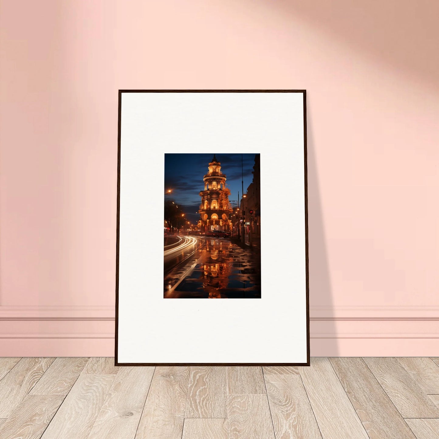 Framed wall art of a luminous clock tower at night in the Luminous Neo’ici Dops special edition