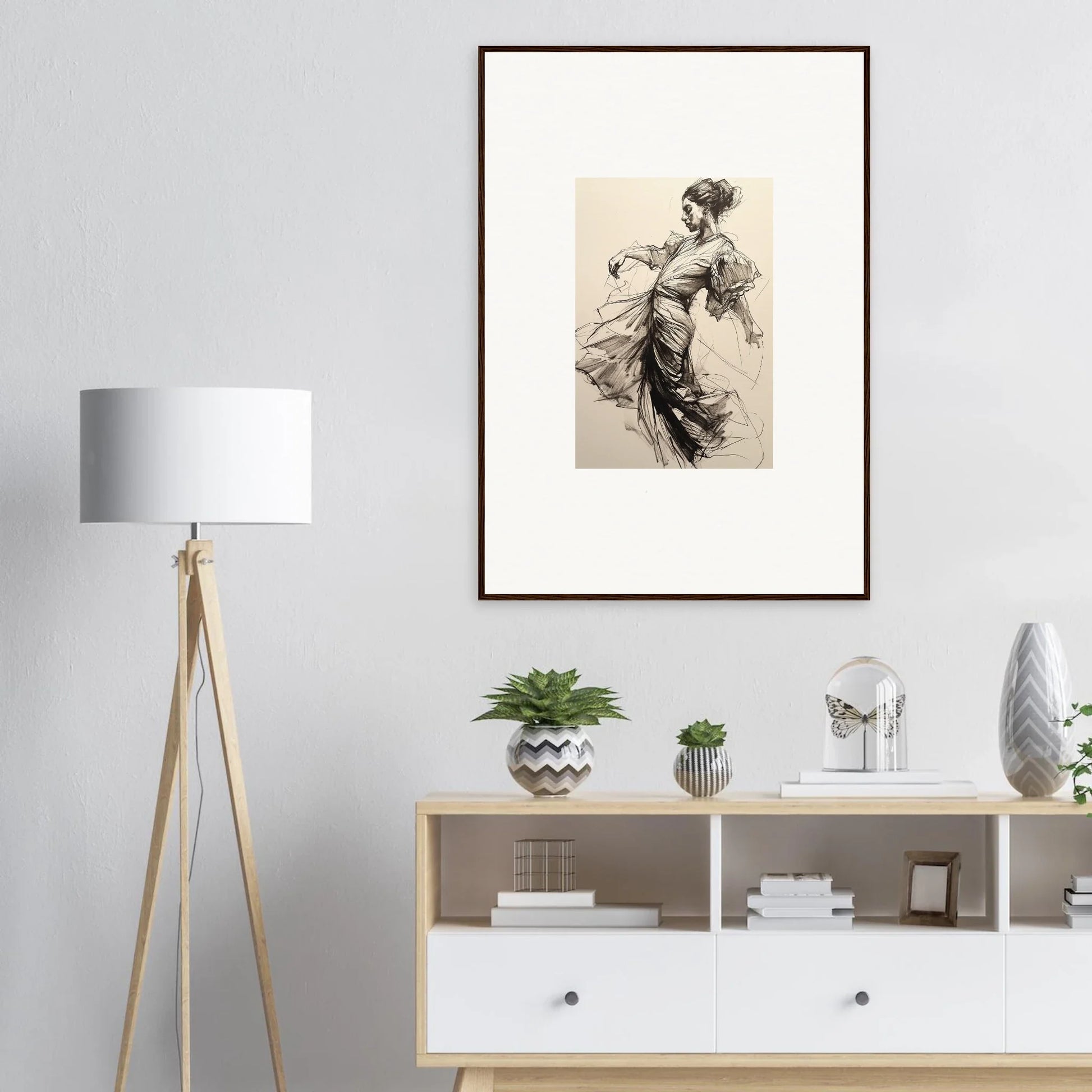 Framed wall art of a graceful figure in flowing dress from Whirling Midnight Form