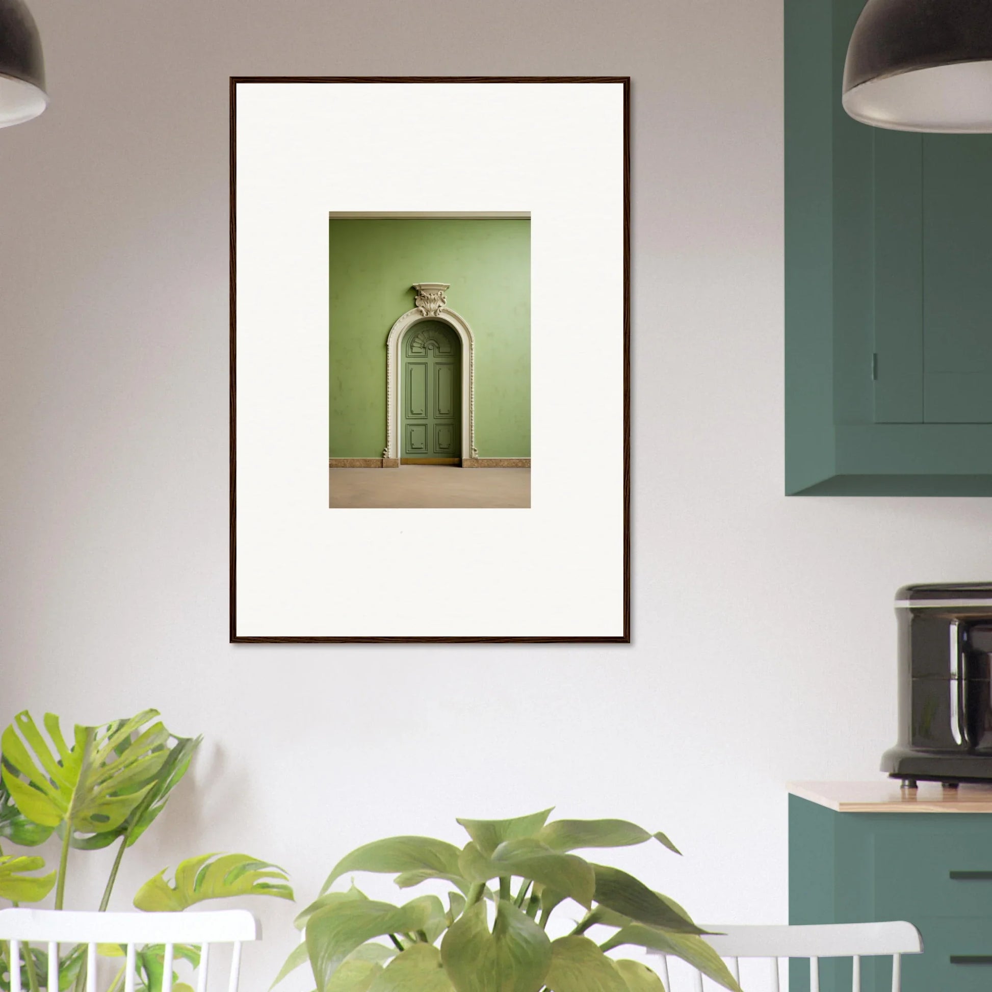 Framed wall art of a mint green arched doorway in Verdant Illusion Sphere design