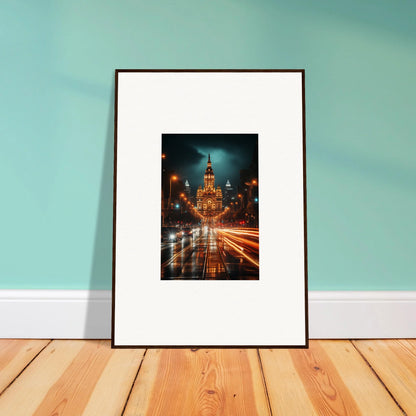 Framed wall art of a Radiant Urban Reverie, showcasing illuminated city streets at night