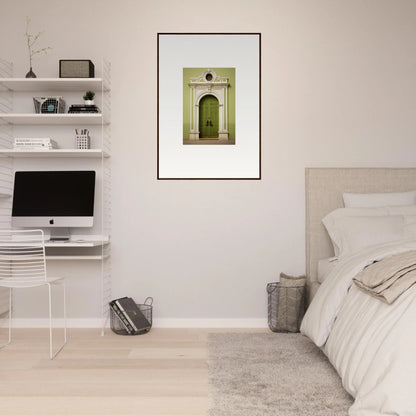 Minimalist bedroom featuring Verdant Sentry Whispers art and white decor