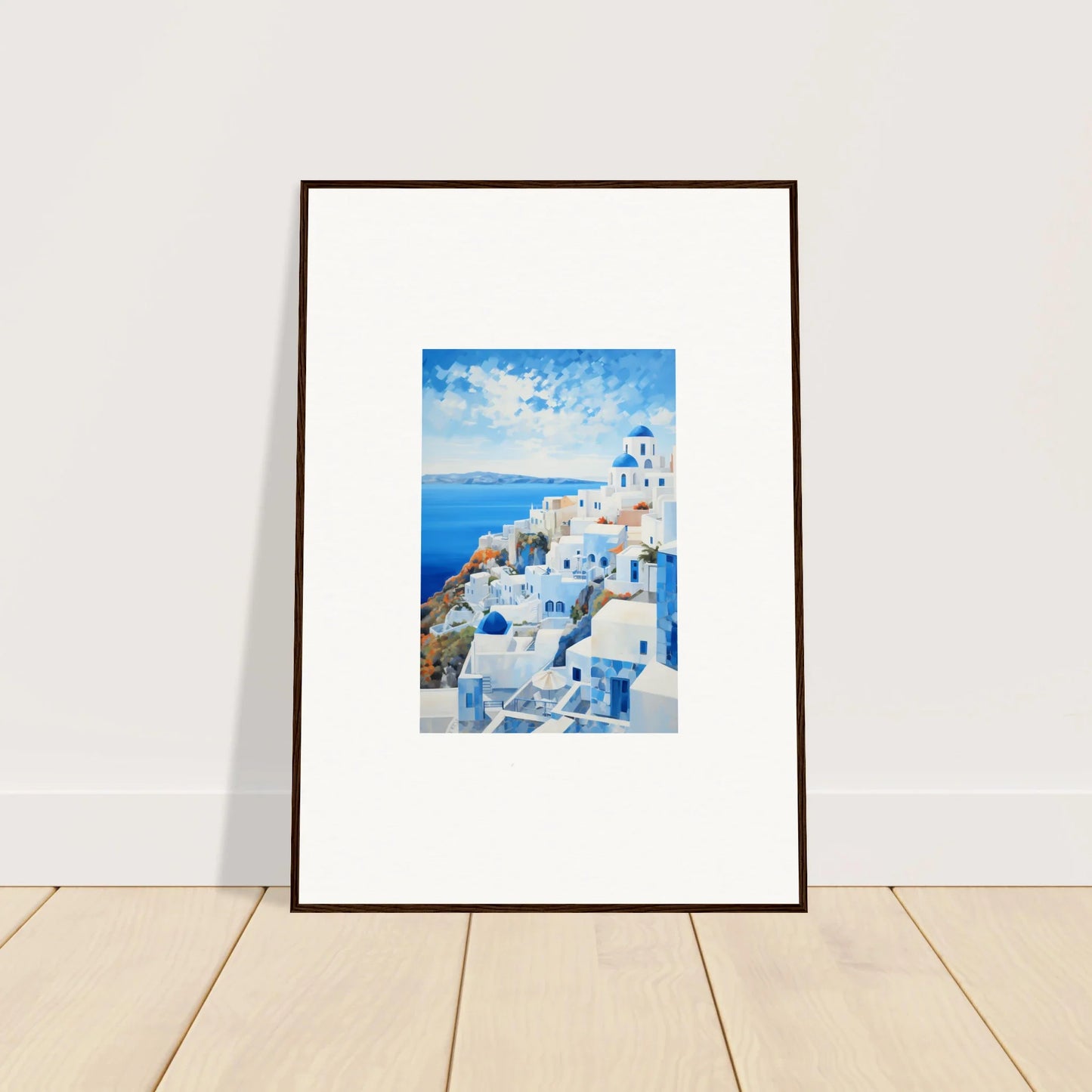 Framed artwork of Santorini’s white buildings and blue domes, a special edition art™ piece