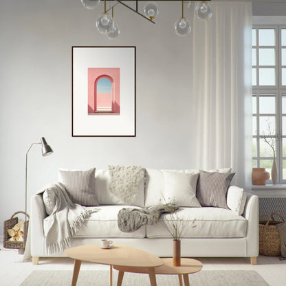 White sofa styled with gray and cream pillows, featuring Echo of Horizons art