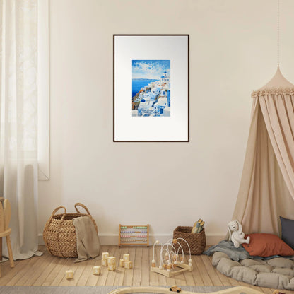 Framed artwork of Santorini’s white buildings and blue domes for a premium framed wall