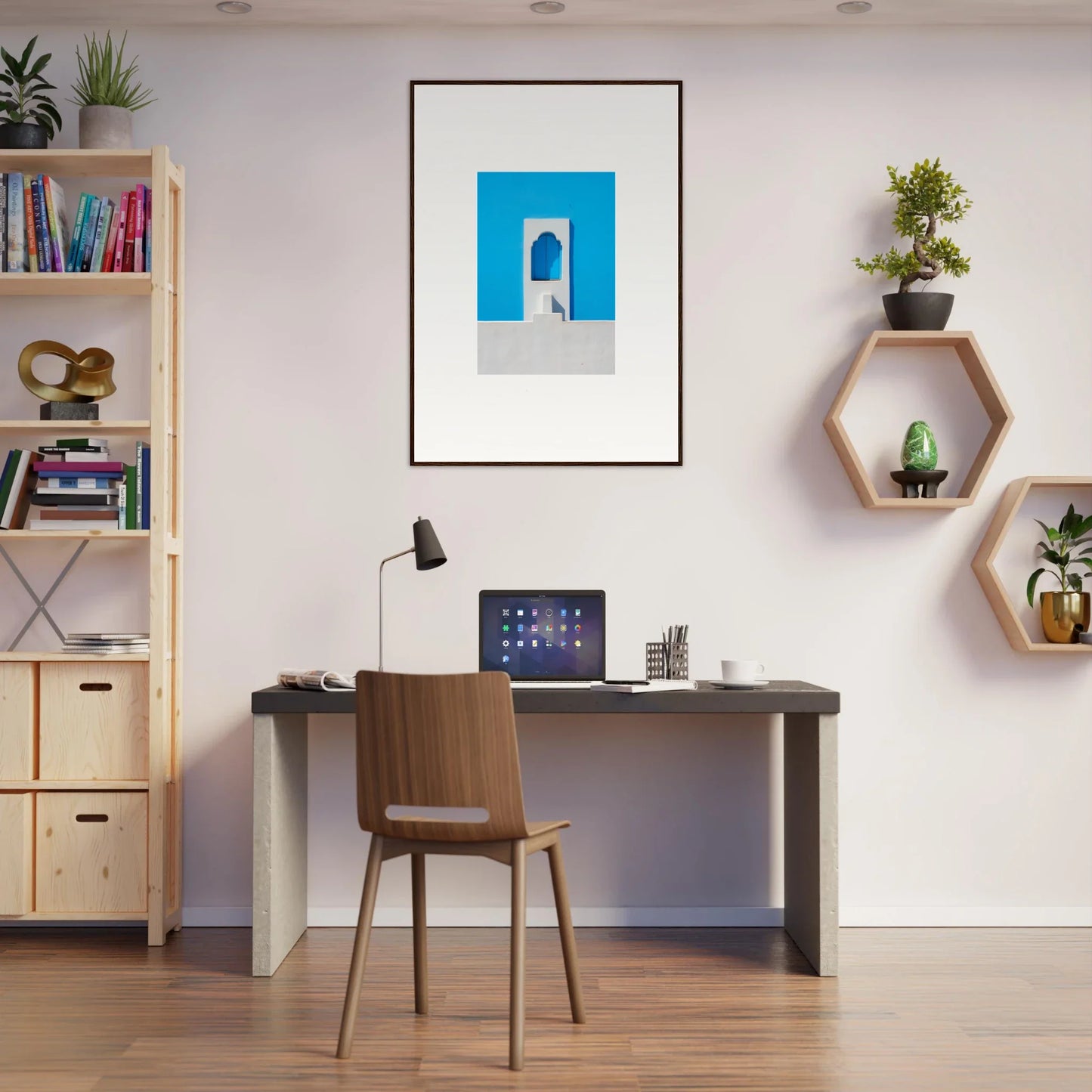 Modern home office with Oikos Cerulean Aperturearches desk and wooden chair setup