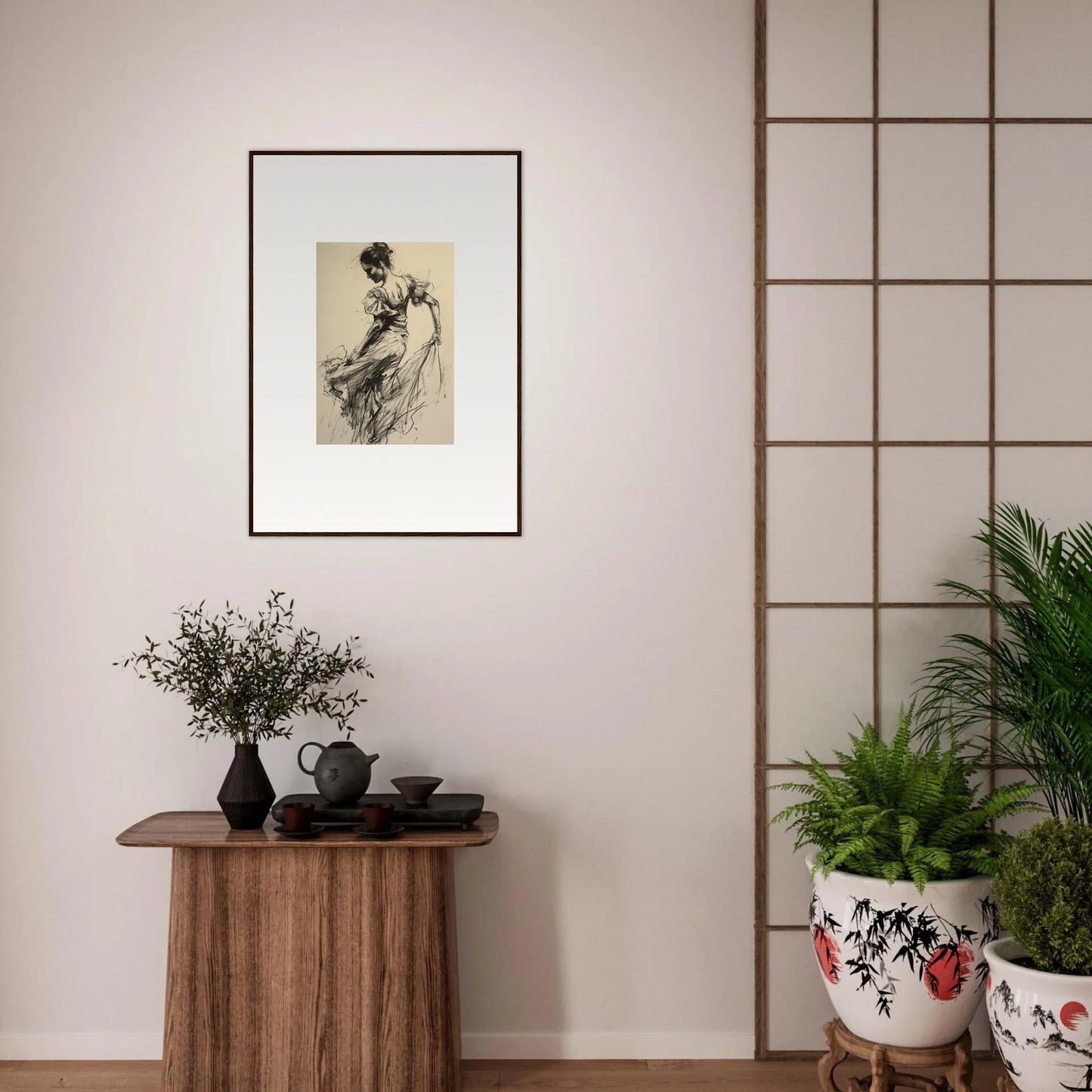 Framed black and white sketch of a flowing dress for Gyroscopic Baudelo Bacon decor