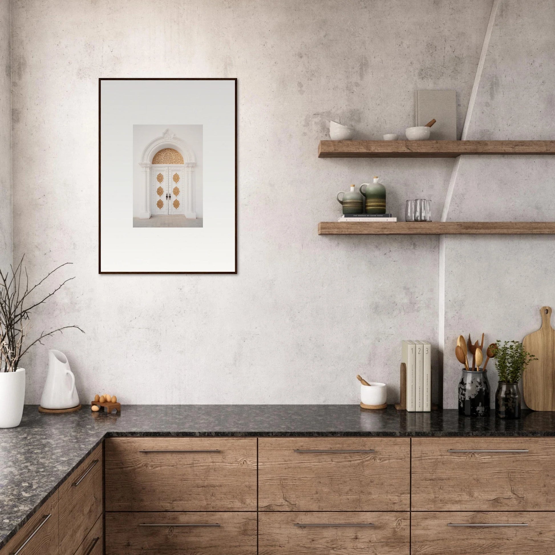 Modern kitchen with wooden cabinets and dark stone countertop from Gilded Mirage Passage