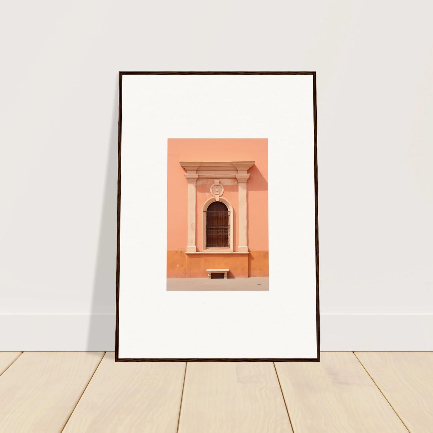 Framed wall art featuring Silent Sunset Oblique with a peach-colored window and columns