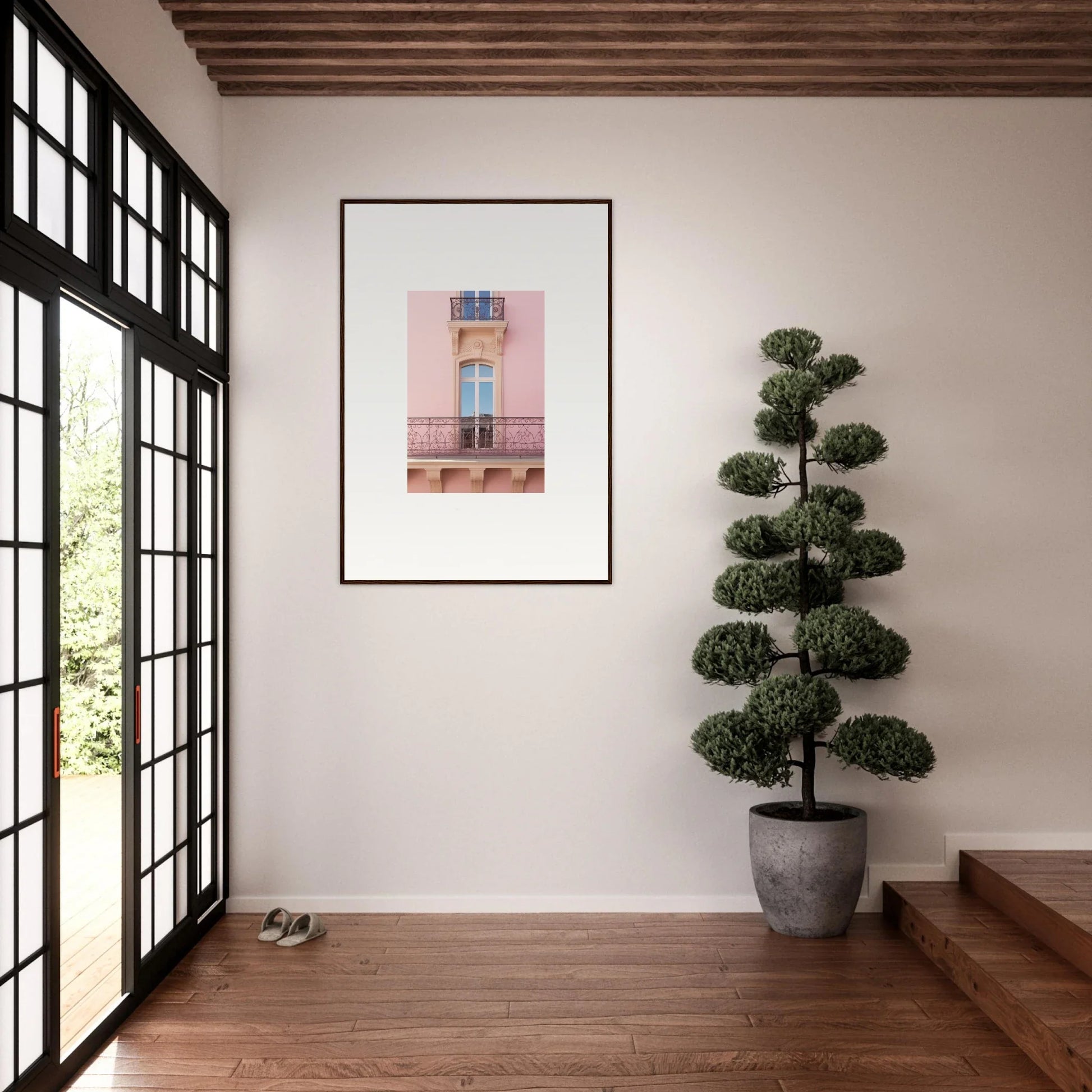 Framed pink architectural photo on a white wall for the Dusky Dream Balustrade collection