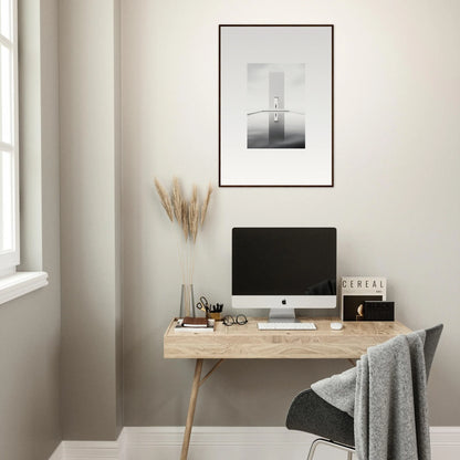 Minimalist wooden desk with iMac and Dreamer’s Vanishing Silhouette framed wall art