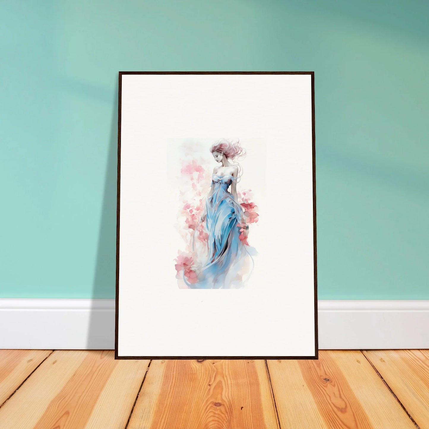 Framed watercolor wall art of figure in blue dress, perfect for room decoration