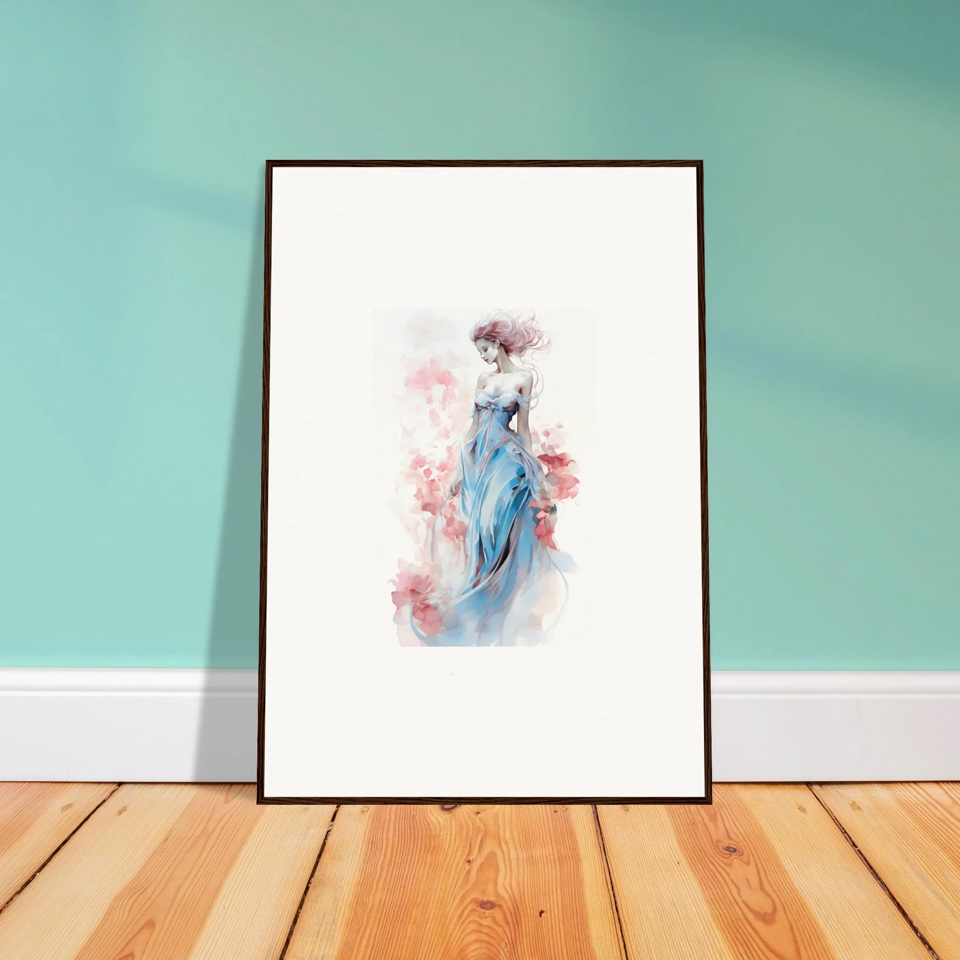 Framed watercolor wall art of figure in blue dress, perfect for room decoration