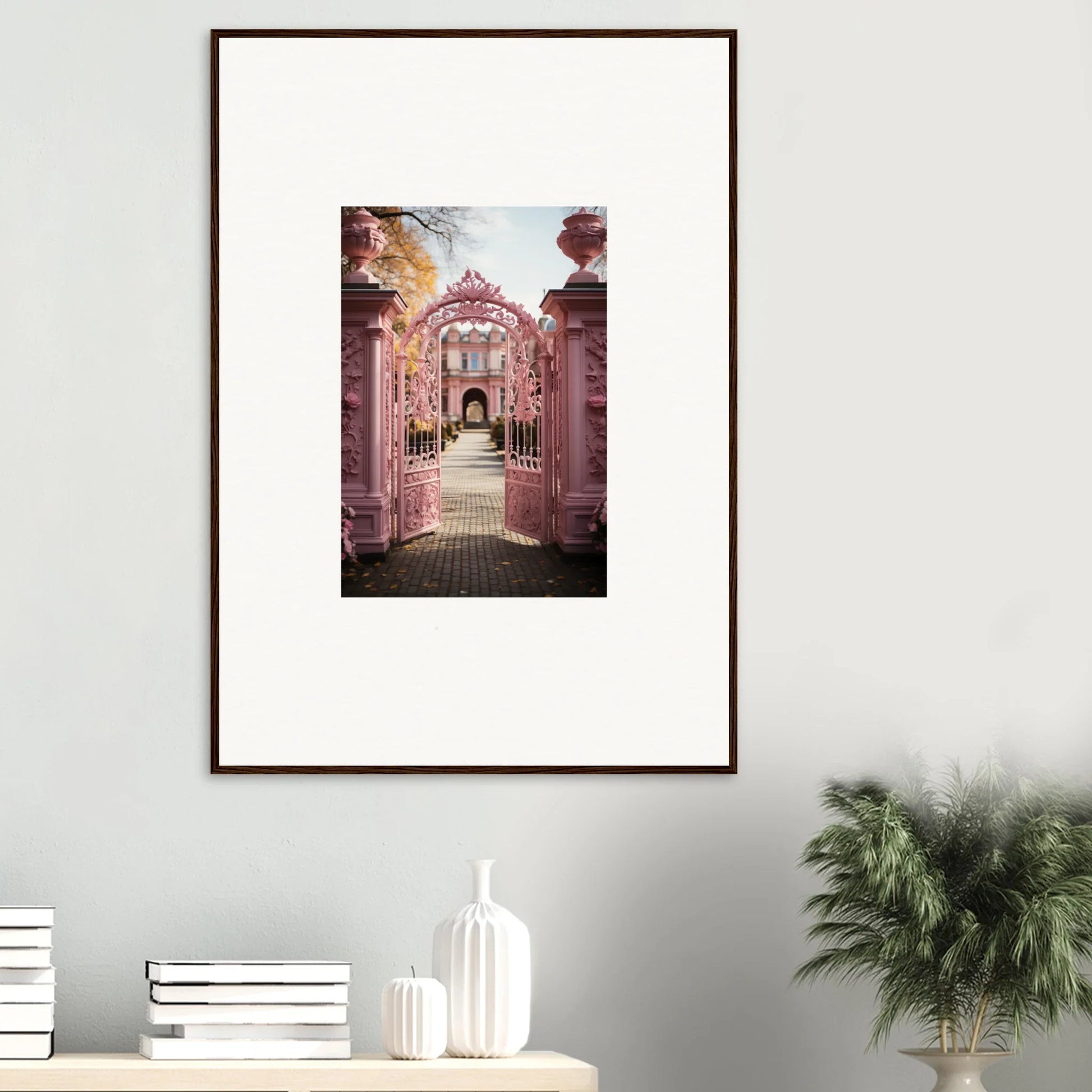 Framed art of Sugarcotton Visions Gateway with an ornate pink archway and garden path