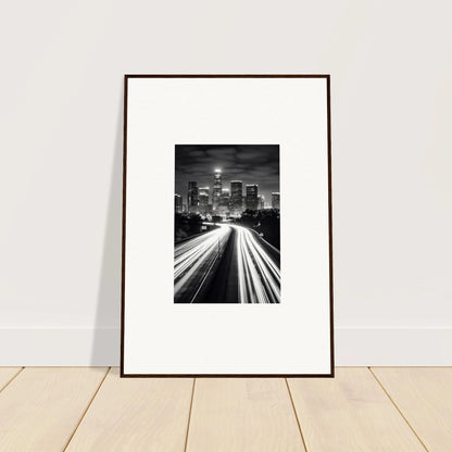 Framed wall art of a city skyline with traffic light trails in Steel Framed Wall design