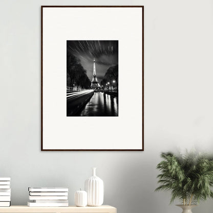 Framed black and white Eiffel Tower photo reflecting on wet pavement in Parisian Stars