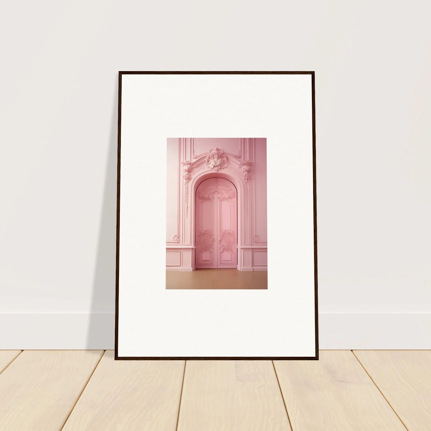 Framed photograph of a pink door with molding from Gentle Whims Myths special edition art™