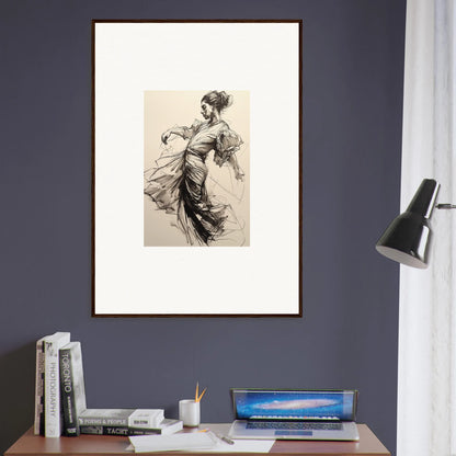 Framed black and white sketch of a woman in flowing dress for Whirling Midnight Form