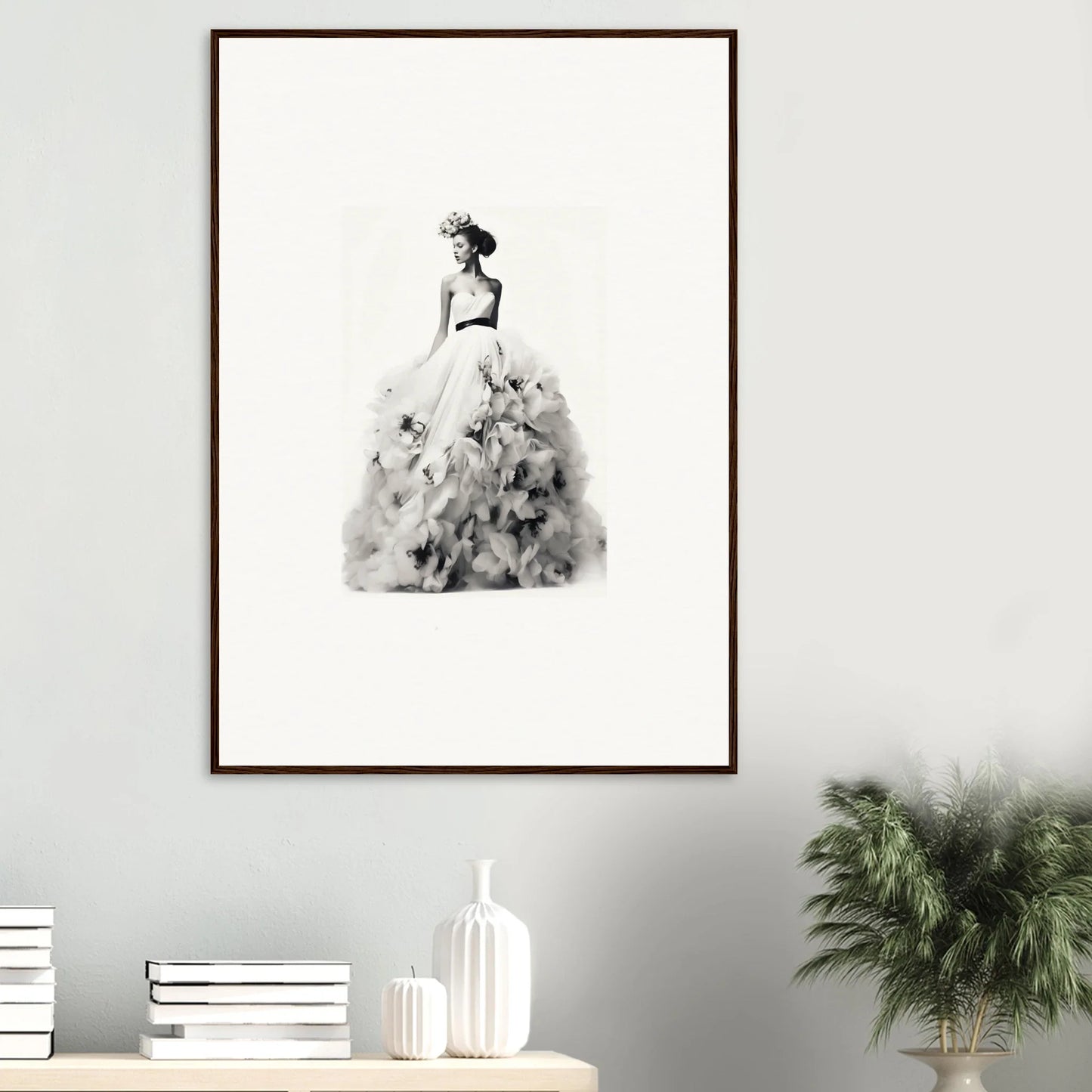 Elegant black and white watercolor of a figure in a ballgown, Dreams Bloom Eternal art