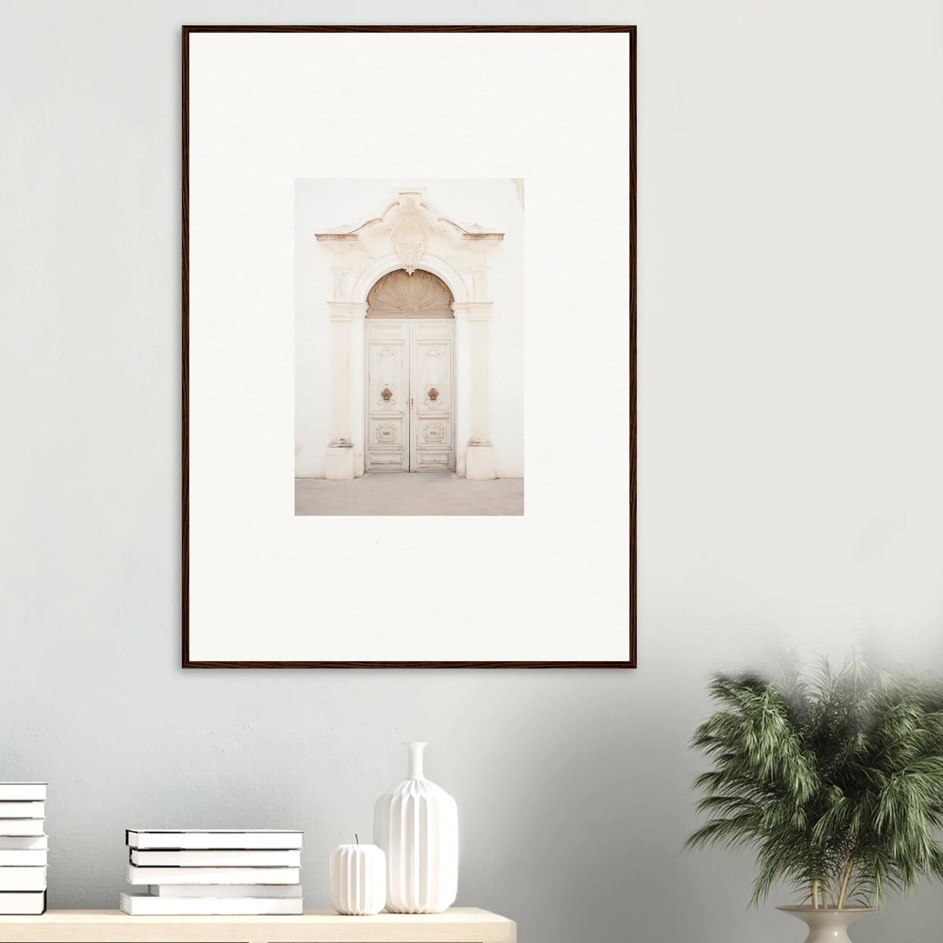 Framed wall art of a white arched doorway, part of Faded Elegance Whispers special edition