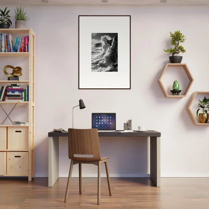 Modern home office with dark desk, wooden chair, and Tidal Curved Reality art shelves