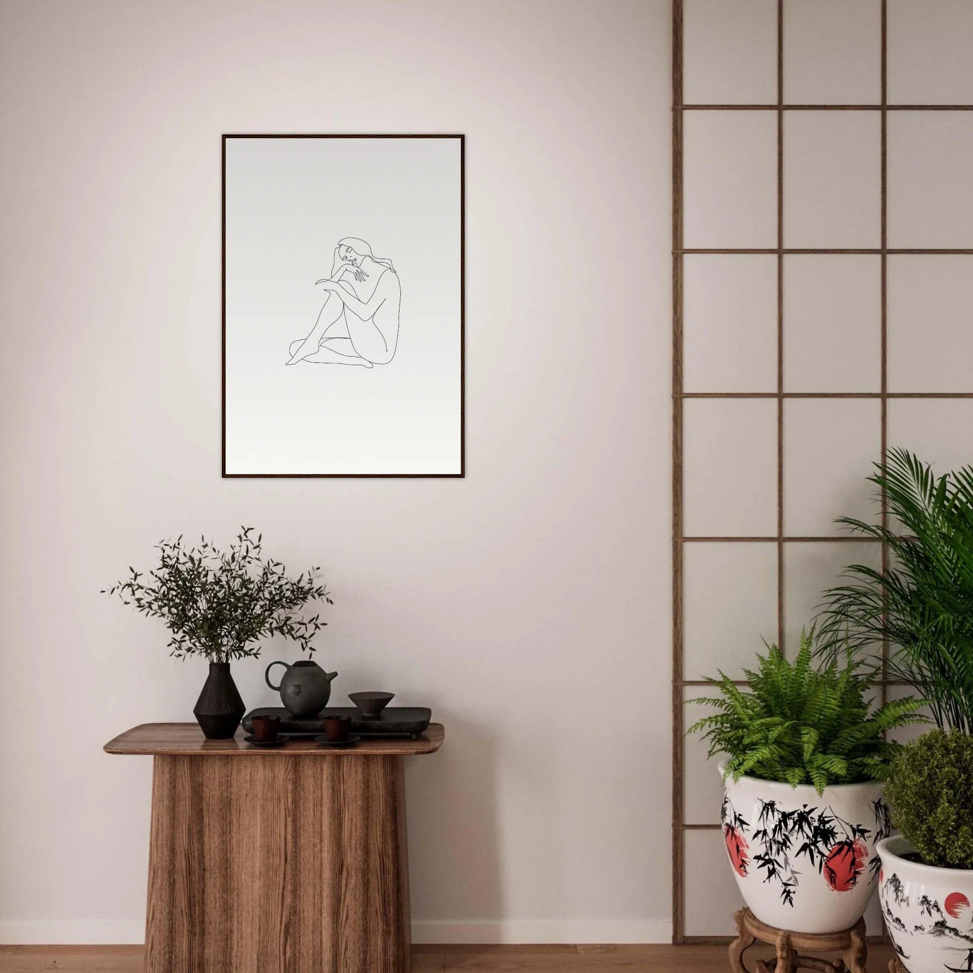 Minimalist line drawing of a seated nude in a frame from Mindful Dream Tangles