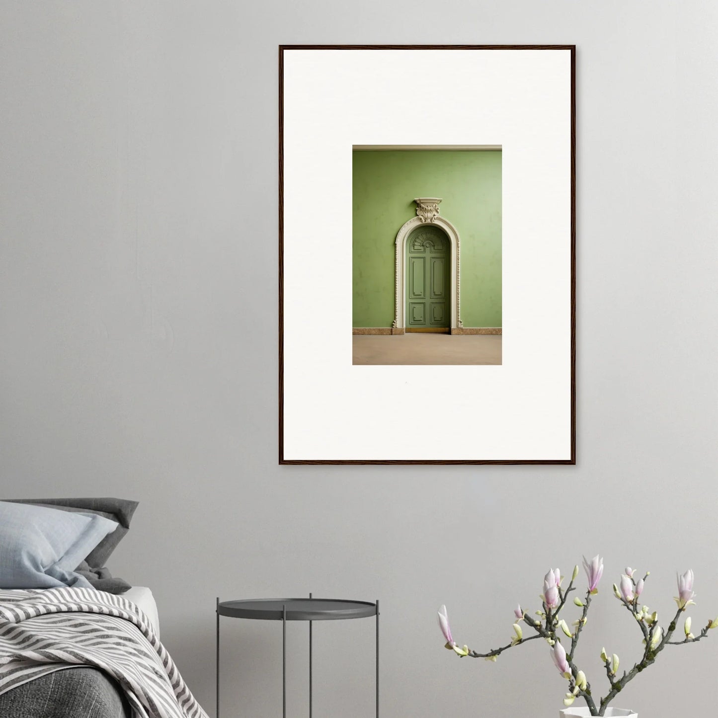 Arched doorway with ornate trim on mint green wall featuring Verdant Illusion Sphere art