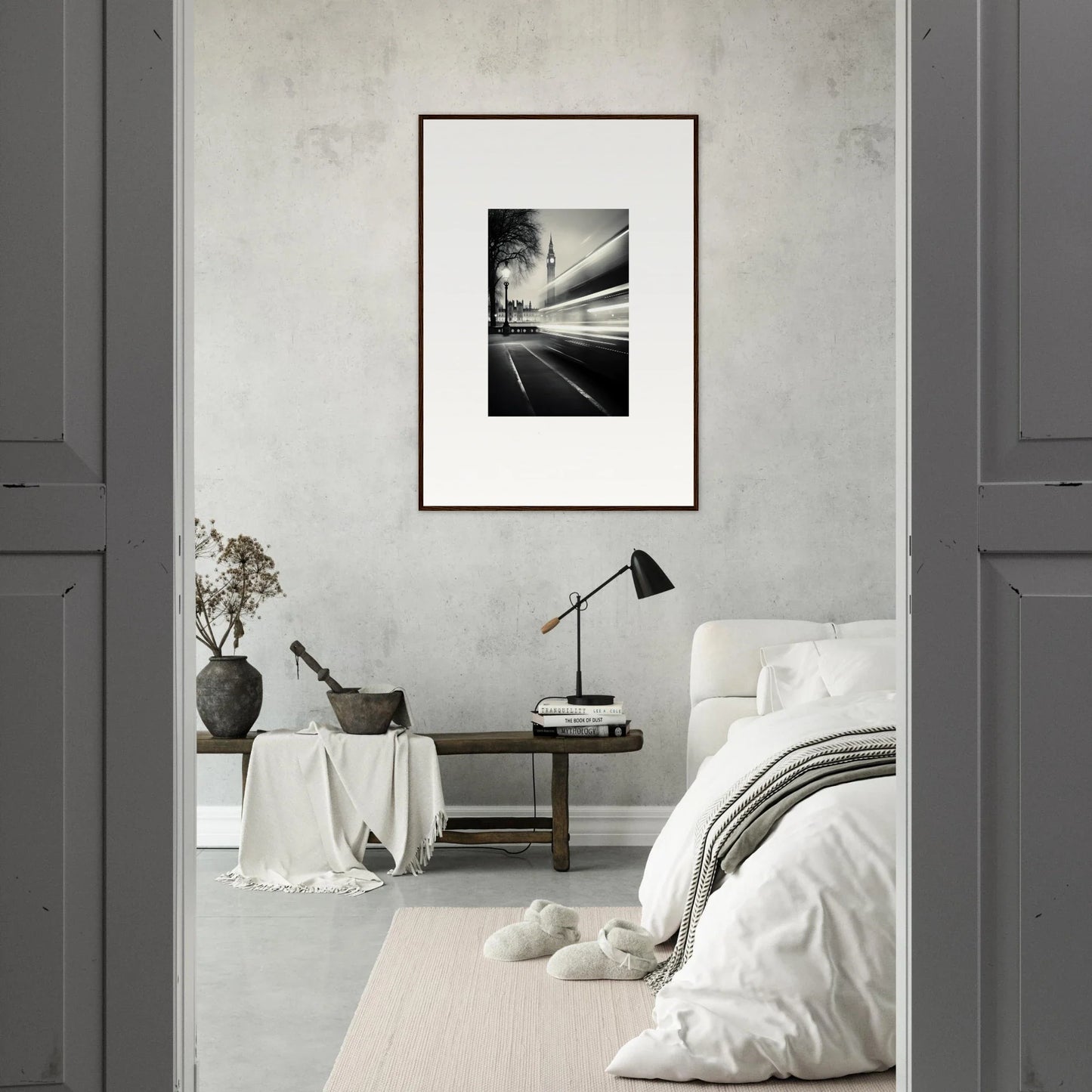 Monochromatic framed wall art of a street scene with light trails, Fluid Timeless Pulse