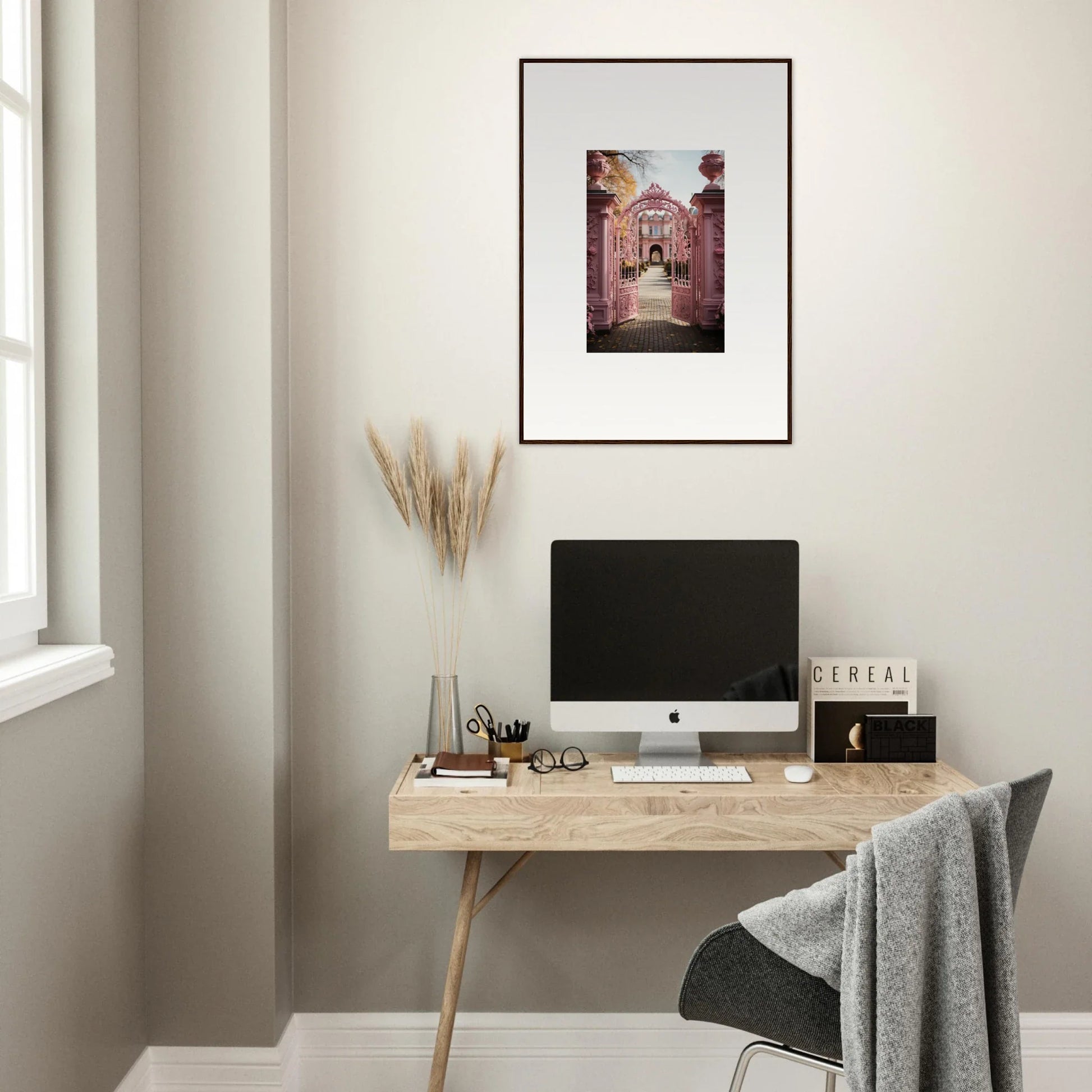 Minimalist wooden desk with iMac and Sugarcotton Visions art above for style