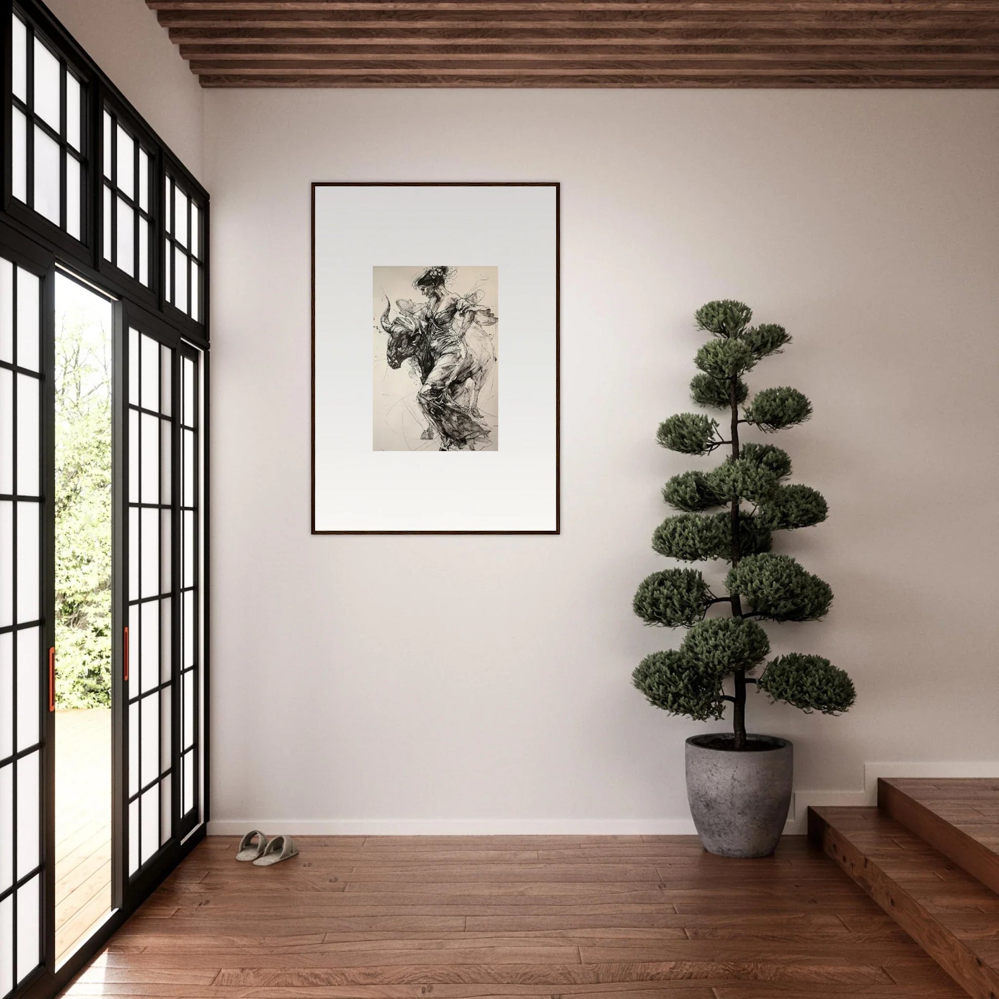 Framed black and white abstract artwork of Labyrinthine Spanish Mirage on a white wall