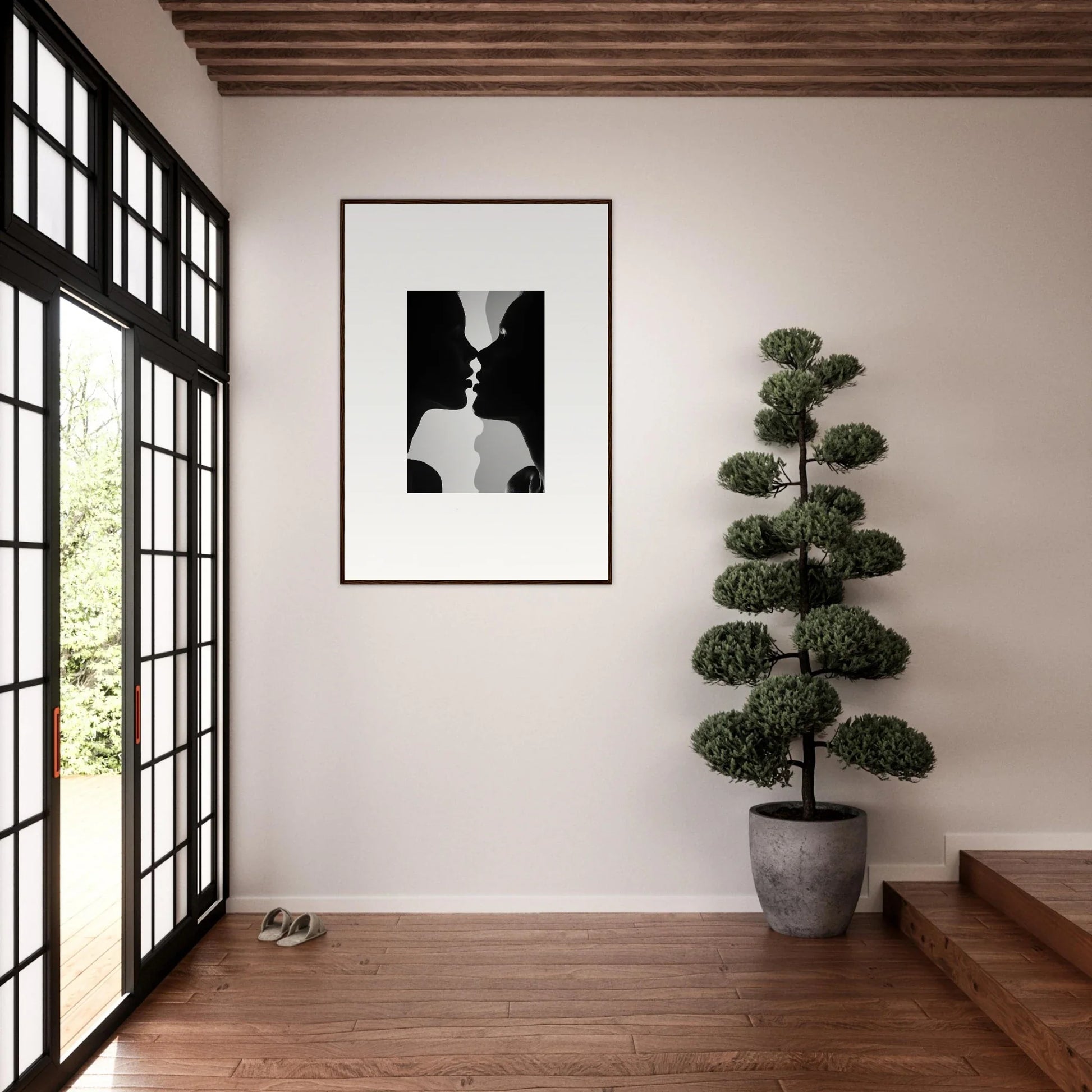 Minimalist black and white framed wall art of ’Nouveau Love Symphony’ silhouette