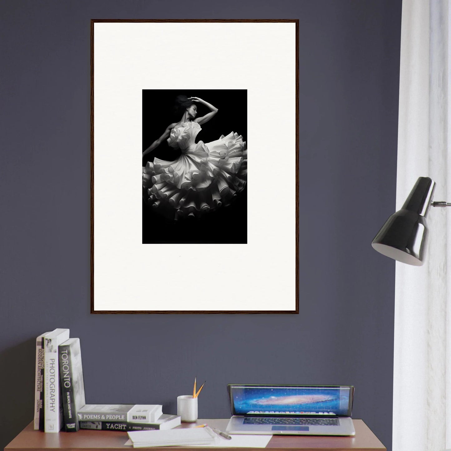 Dancer in flowing dress mid-twirl, featured in Nocturnal Flourishbyen premium framed wall art