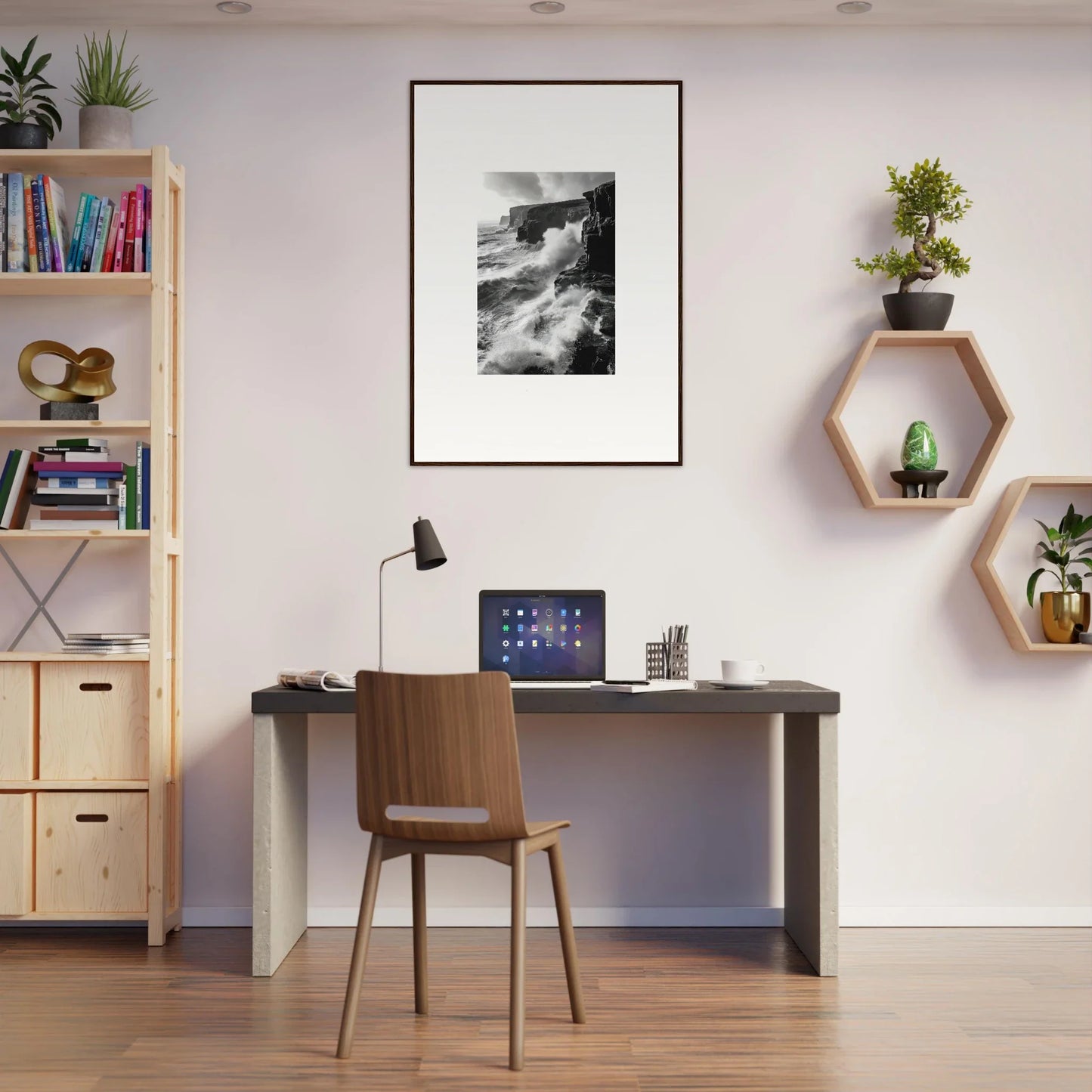 Modern home office with a Tempestuous Rock Ballet vibe, featuring desk and hex shelves