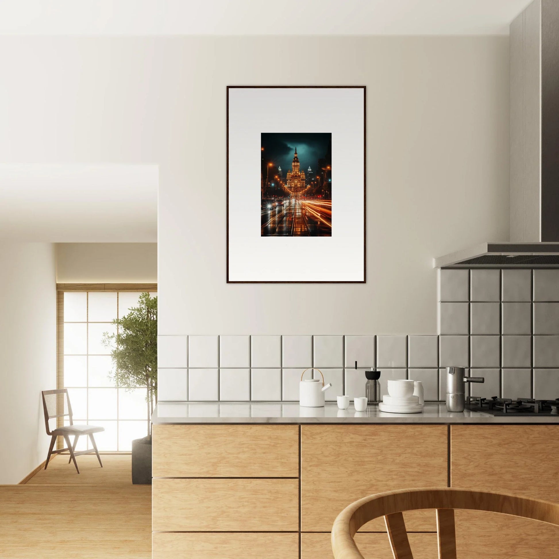 Framed wall art of Radiant Urban Reverie showcasing glowing city streets at night