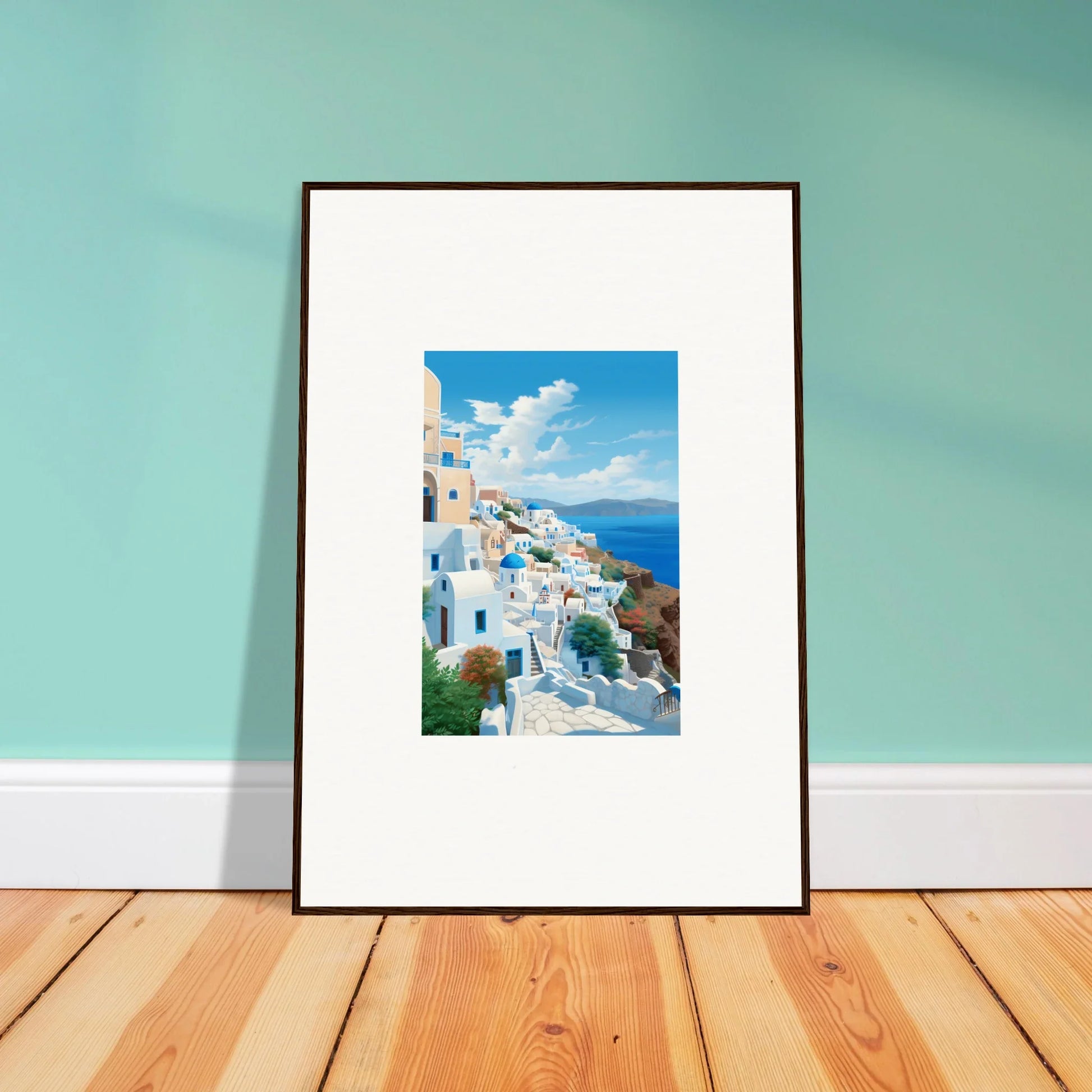 Framed photograph of Santorini’s white buildings and blue domes for Sunday Stahl Messiração