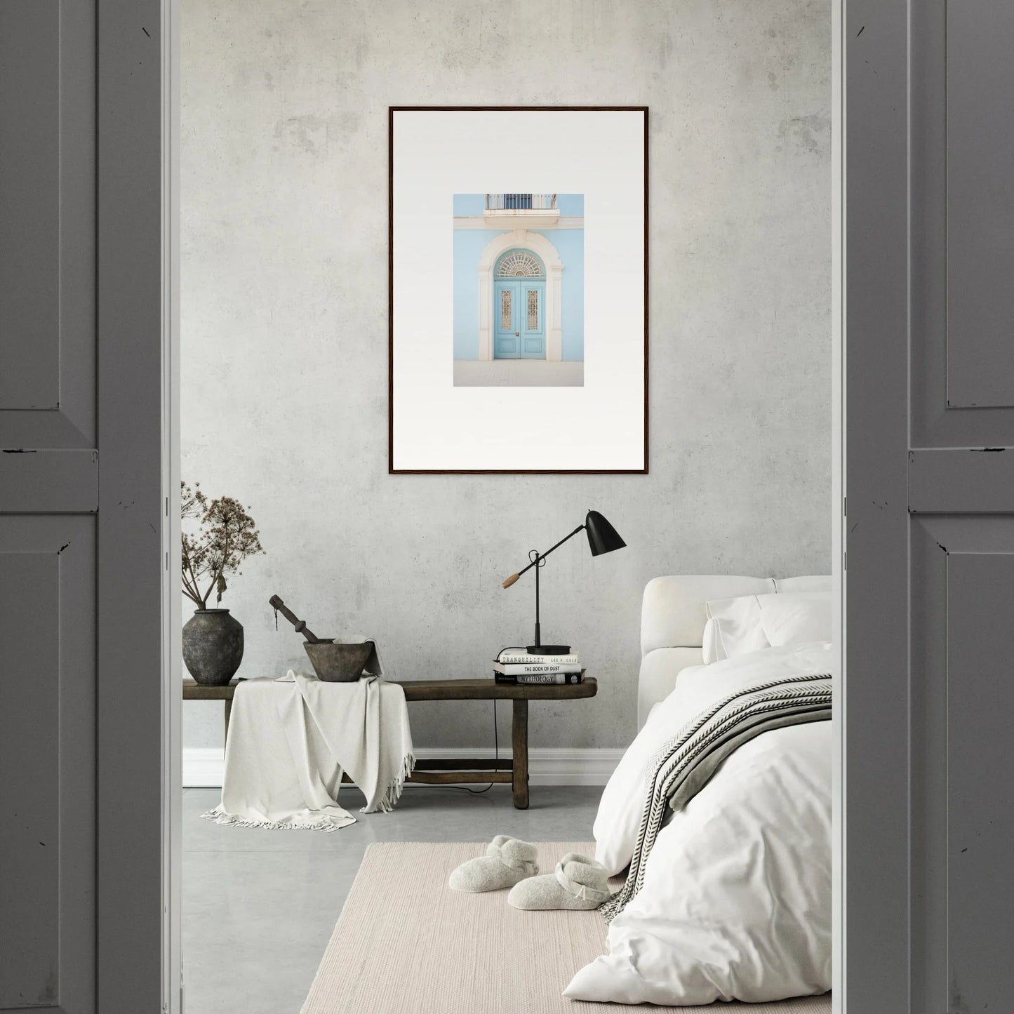 Framed wall art of a light blue door from the Delphinium Dream Portal collection