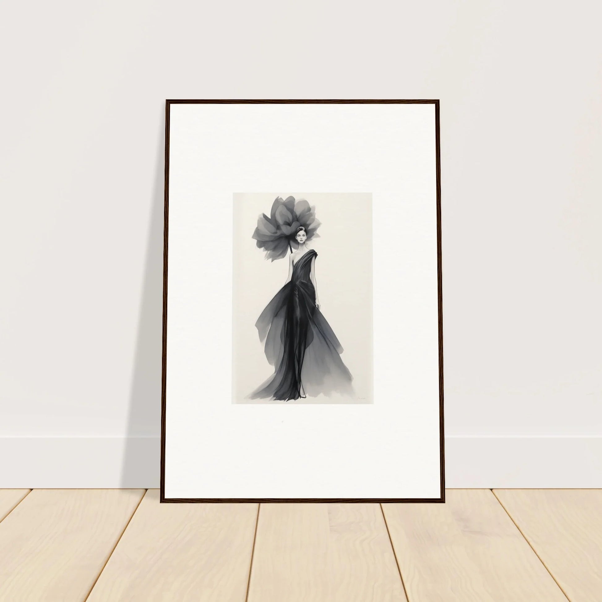 Framed black and white fashion illustration of a gown in Curtain Bloom Dance special edition art™