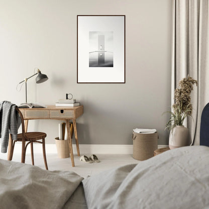 Wooden desk with rattan drawer and lamp, perfect for Dreamer’s Vanishing Silhouette art