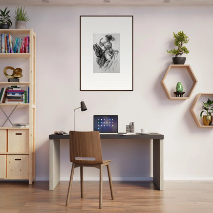 Modern home office with dark desk, wooden chair, and hexagonal shelves - Ephemeral Journey Grafikermania