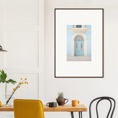 Framed wall art of a light blue vintage door in the Delphinium Dream Portal design