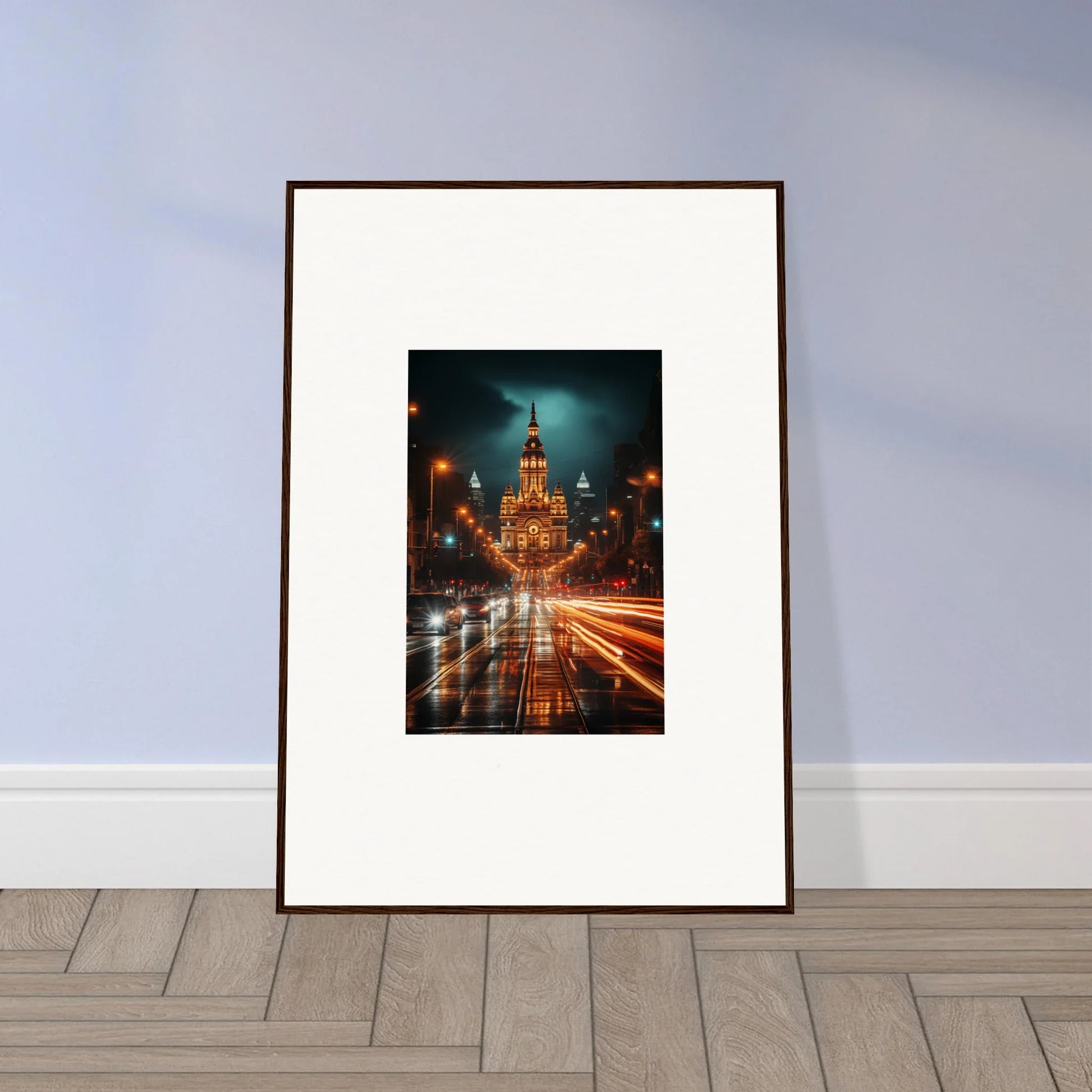 Framed wall art of Radiant Urban Reverie with night city light trails and an illuminated building