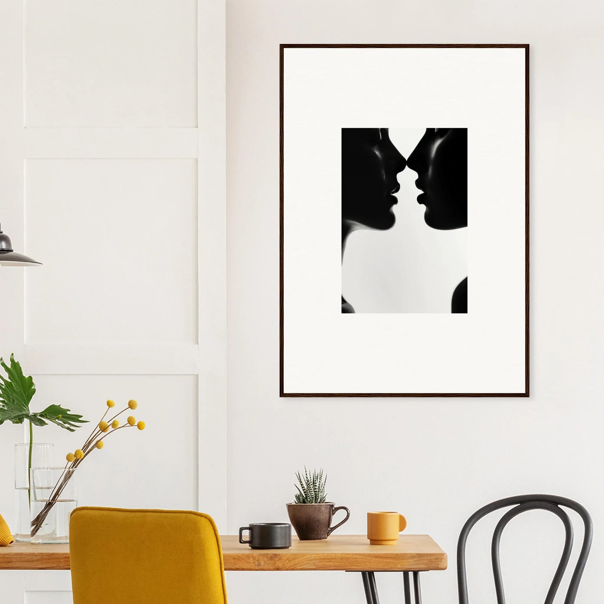 Black and white framed art of two silhouetted profiles about to kiss, Whispers Shadowdance Serenaa