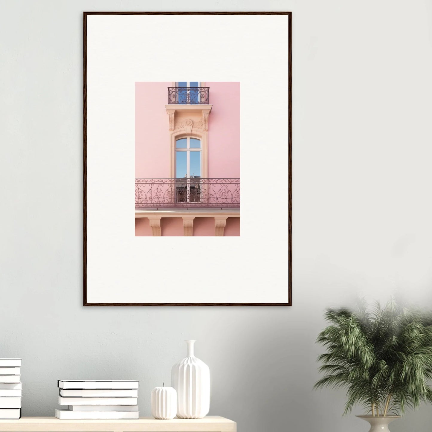 Framed wall art of Dusky Dream Balustrade with ornate pink building window and balcony