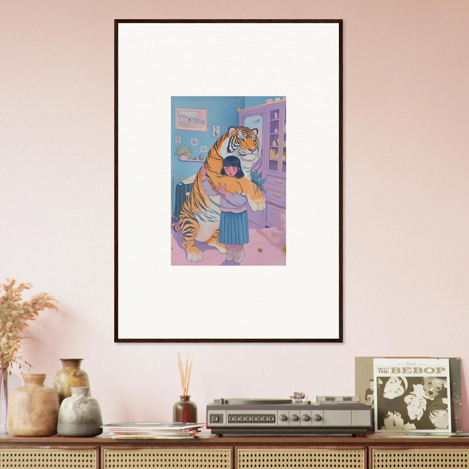 Colorful canvas print of a child hugging a tiger, perfect for playful room decoration