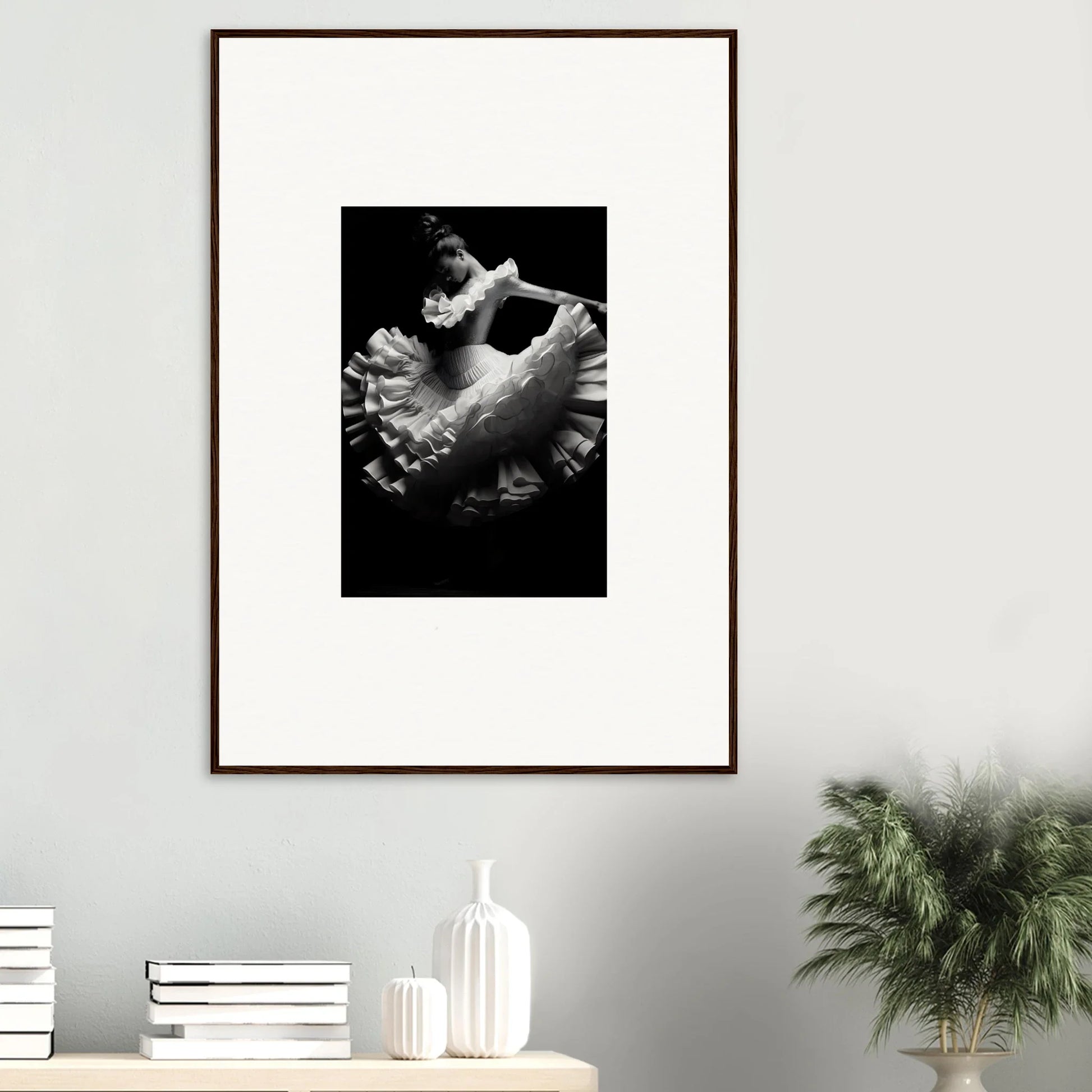 Black and white photo of a Swirled Dream Dancer in a tutu, perfect for premium framed wall